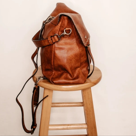 New! Camel Studded Vegan Leather Convertible Backpack Bag - Picture 3 of 6